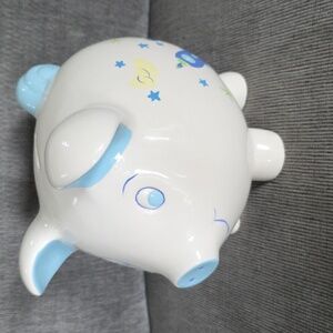 Baby Boys First Piggy Bank. Ceramic Bank with Blue Accents, Outer Space, New.